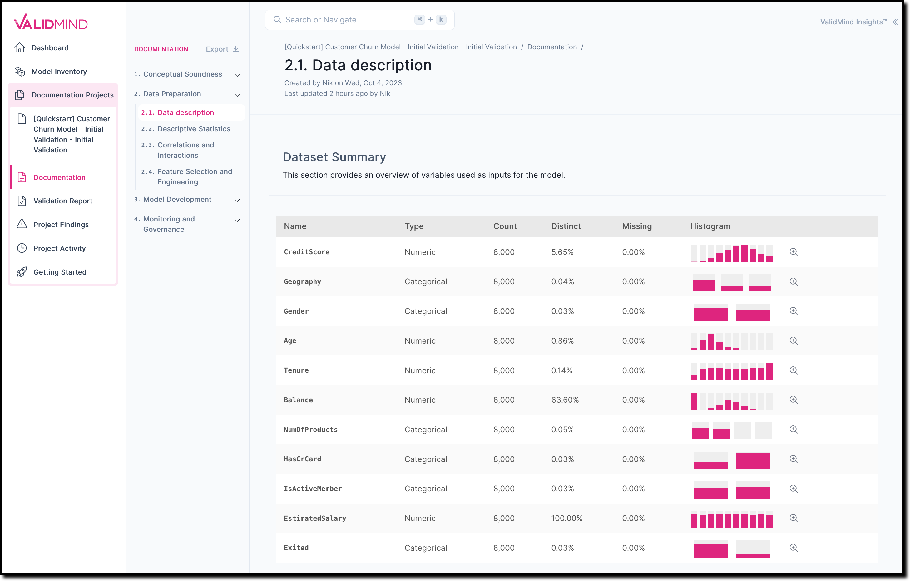 An image showing the data description page in the ValidMind UI