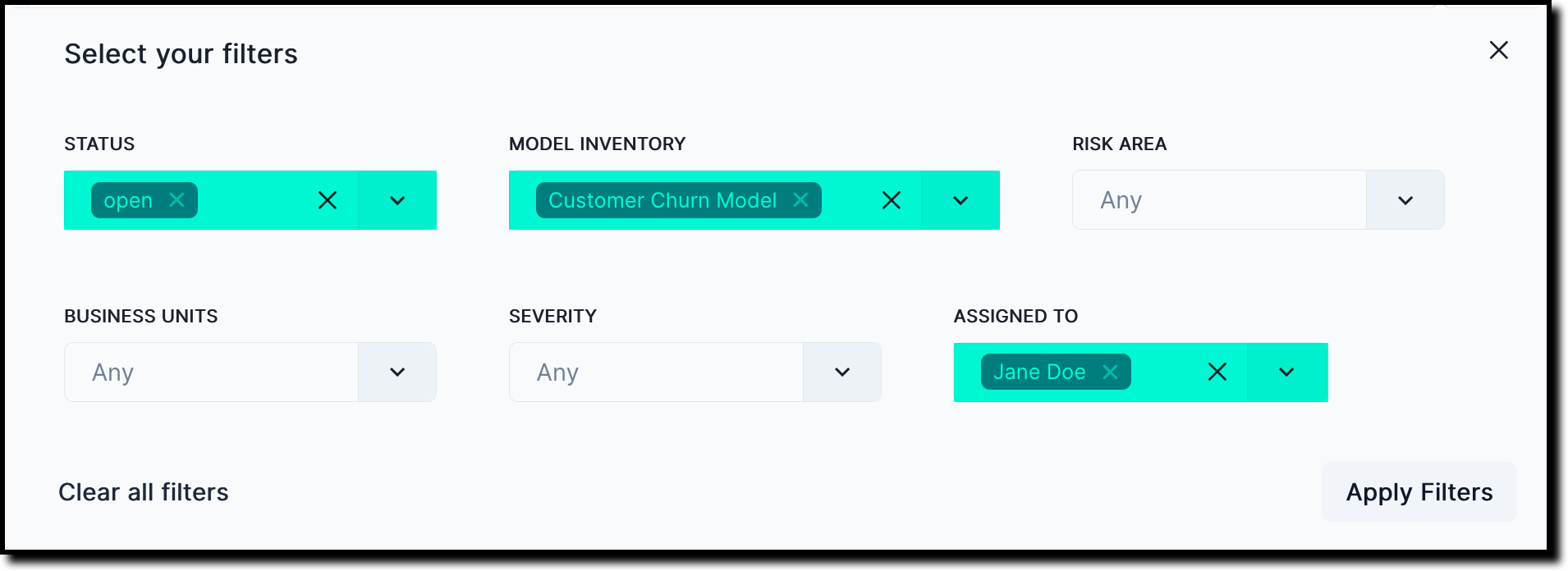 A screenshot of the filter dialog with some options selected.