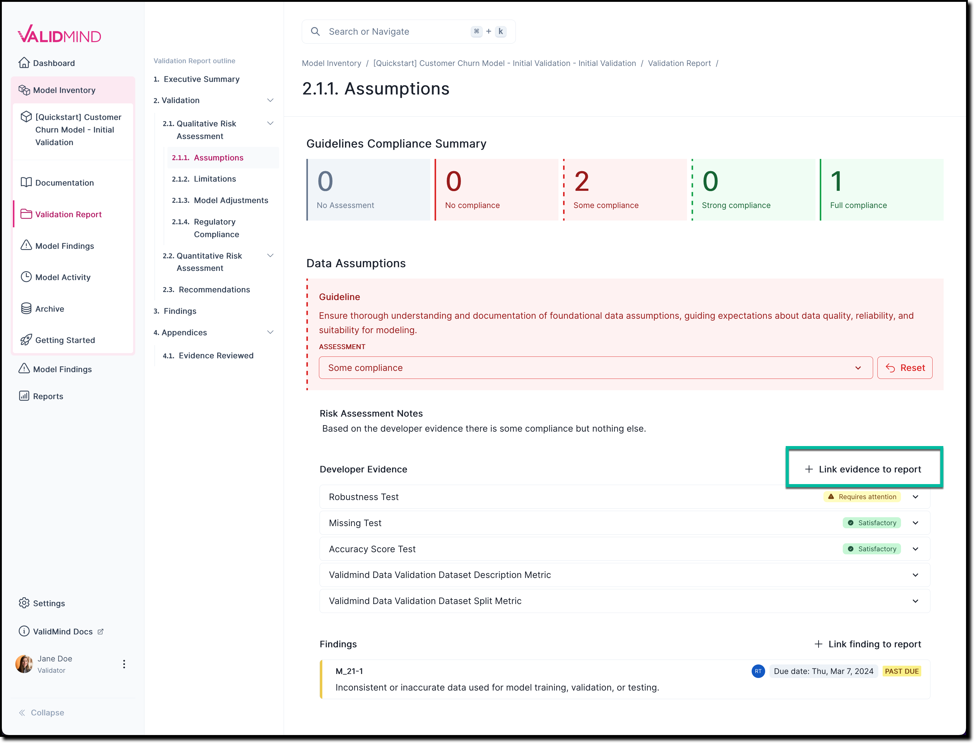 A screenshot of the validation report section 2.1.1. that shows a compliance assessment with the option to link to evidence.