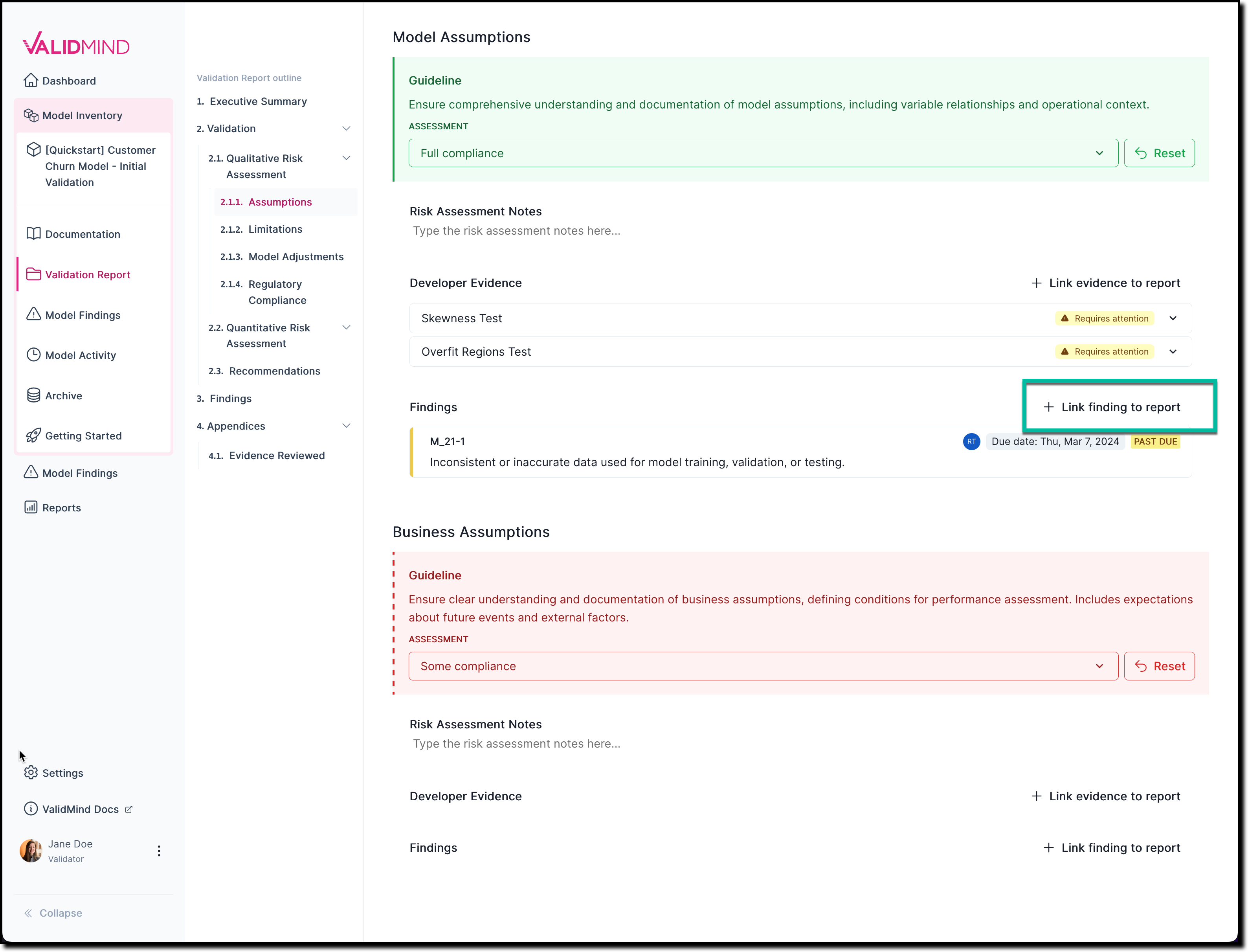 A screenshot of the validation report section 2.1.1. that shows a compliance assessment with the option to link to finding.