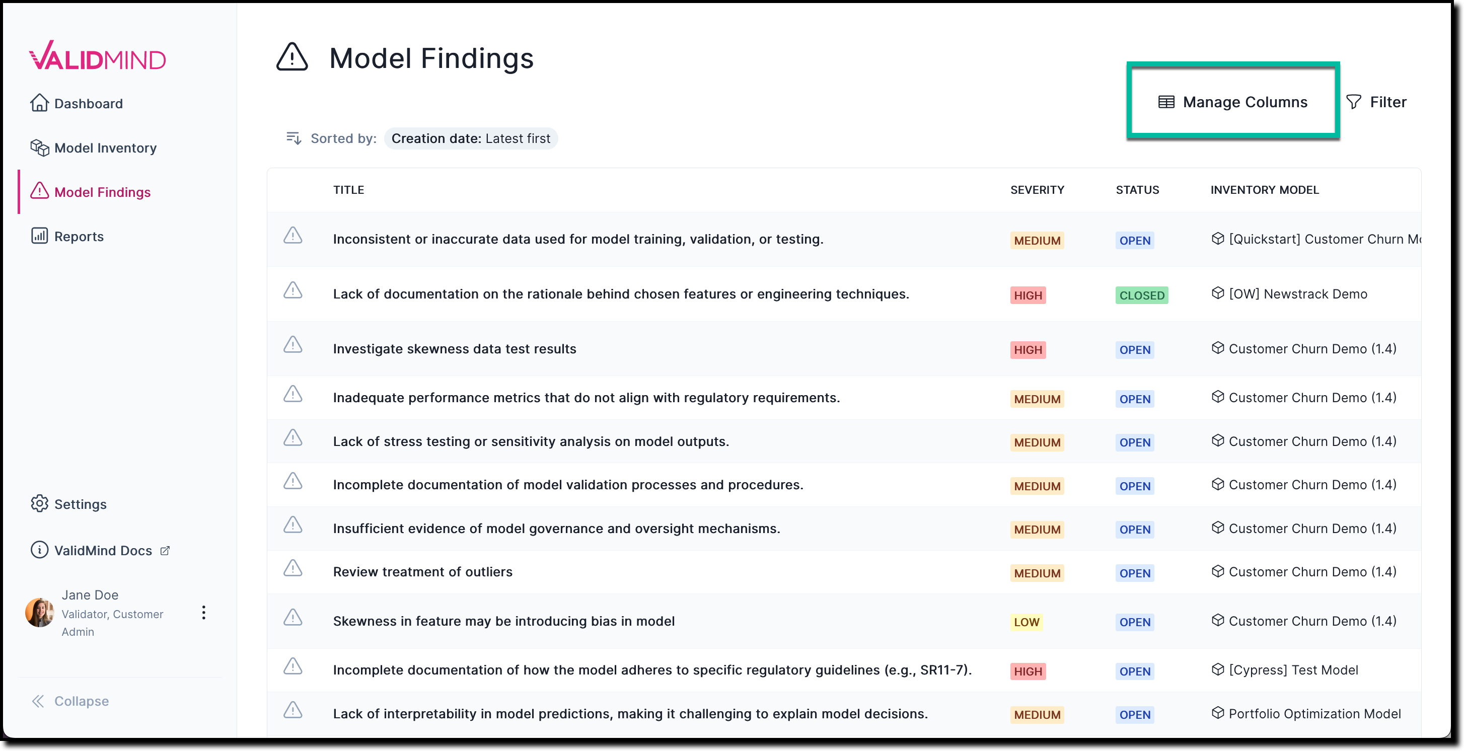 A screenshot that highlights how you can show or hide table columns on the Model Findings page by clicking the Manage Columns button and toggling individual columns on or off.