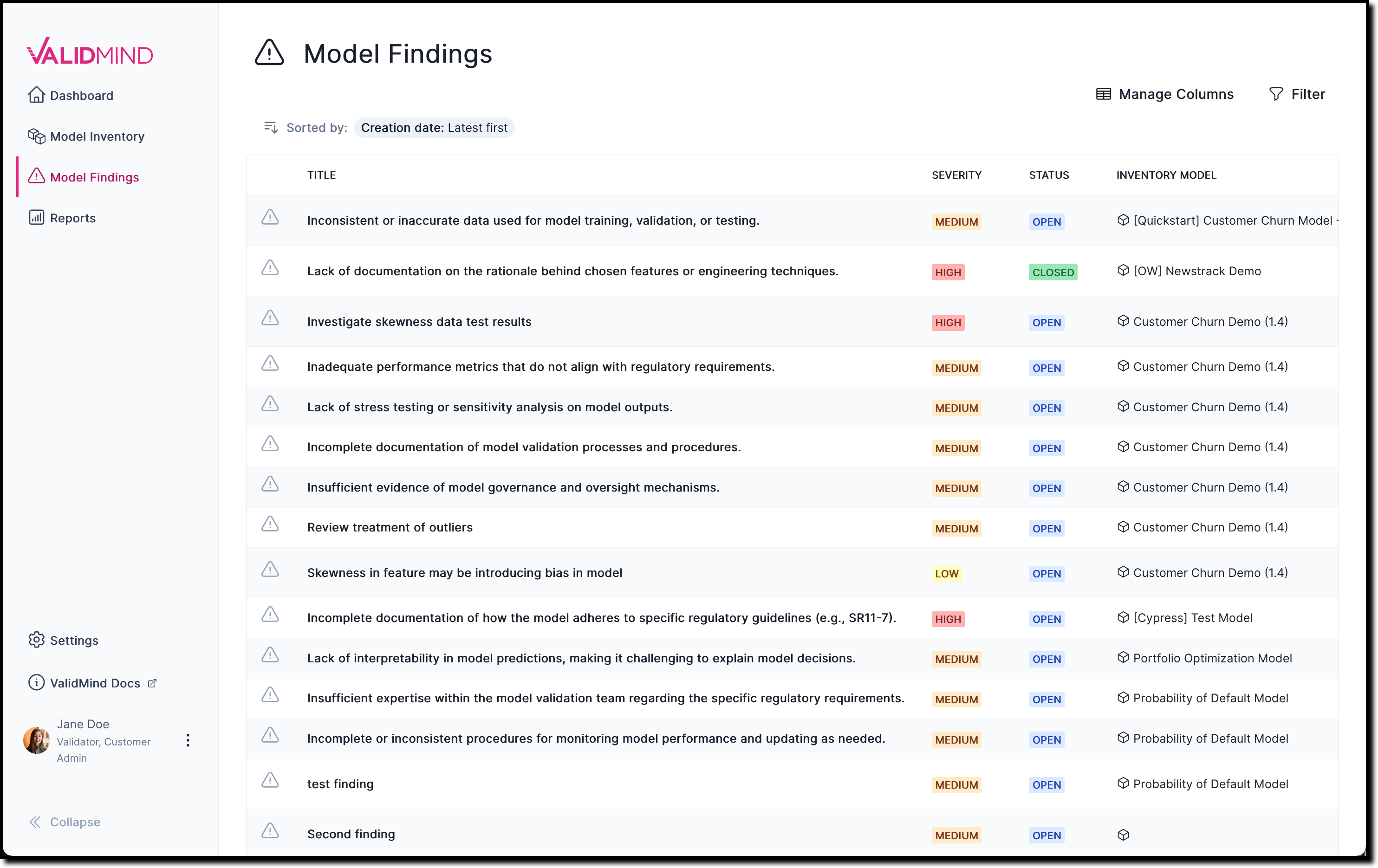 A screenshot of the new Model Findings page showing a table of findings that can be clicked on.