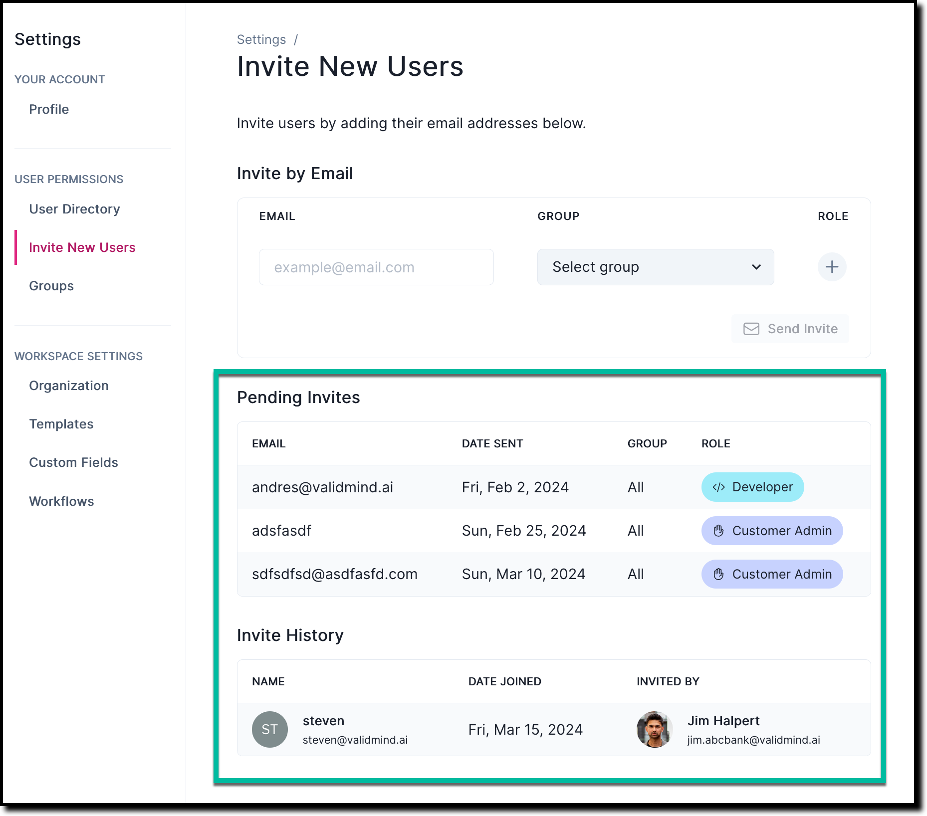 A screenshot that highlights the user invitation history, showing both pending and accepted invitations to join your organization.