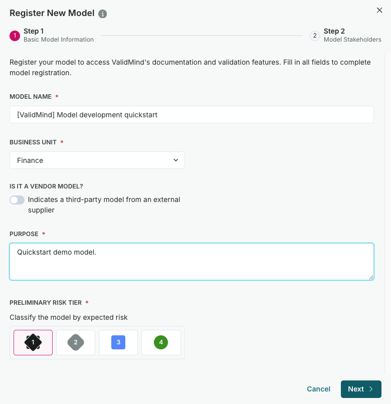 A screenshot showing the registration modal with the options filled out for the development quickstart