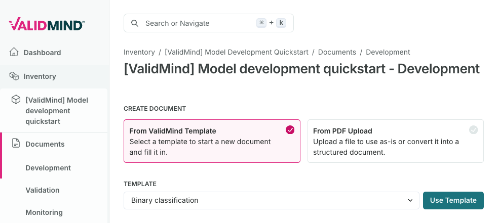 A screenshot showing the model documentation template selection