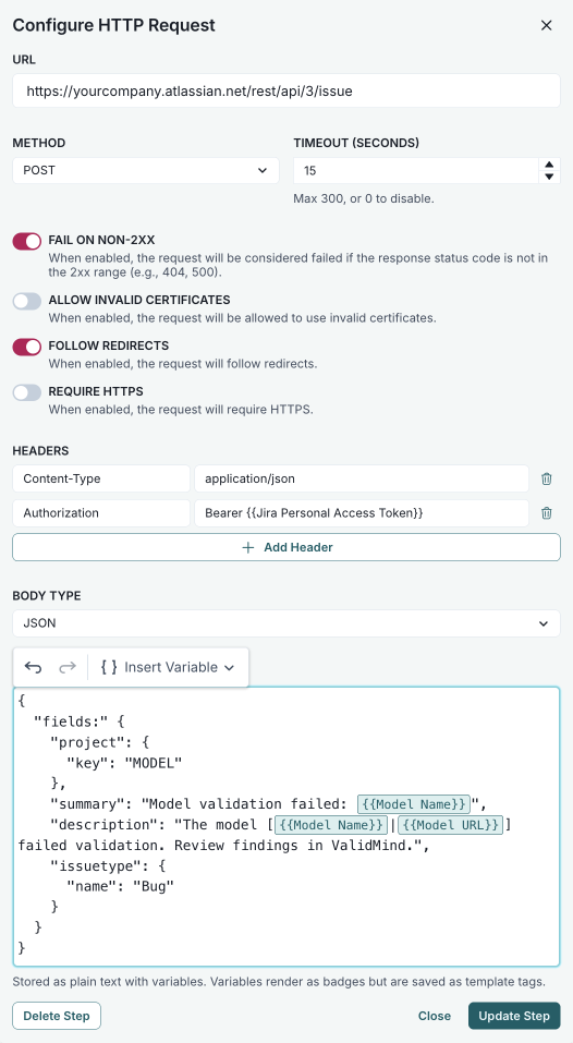 Screenshot of the HTTP request step configured to create a Jira ticket, showing the required fields described in step 12.