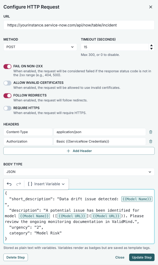 Screenshot of the HTTP request step configured to create a ServiceNow incident, showing the required fields described in step 12.