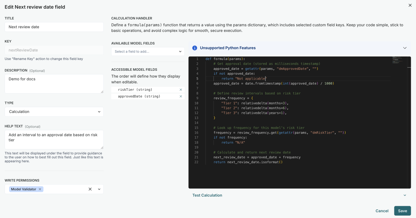 A screenshot showing the screen for adding a calculation type field that automatically calculates the next review date