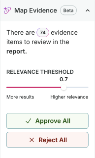 Map Evidence panel showing evidence type toggles for Developer Evidence and Validator Evidence, and a Relevance Threshold slider set to 0.7.