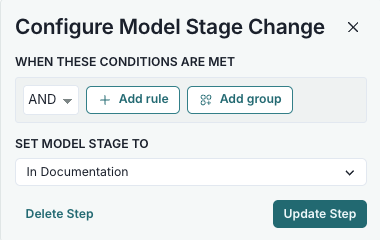 A screenshot showing an example Inventory Record Stage Change configuration modal