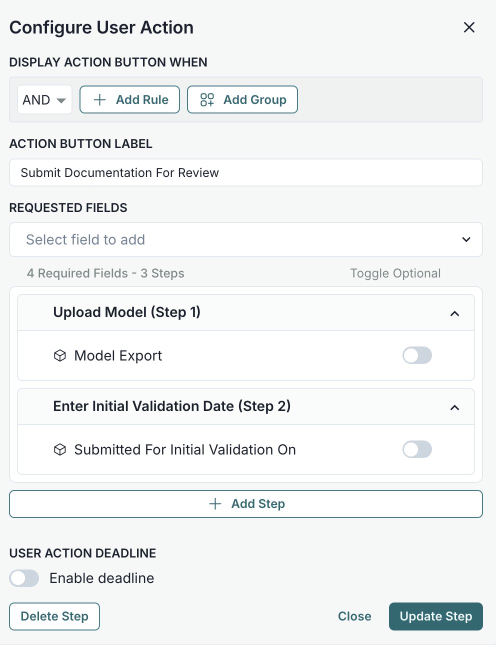A screenshot showing an example User Action configuration modal