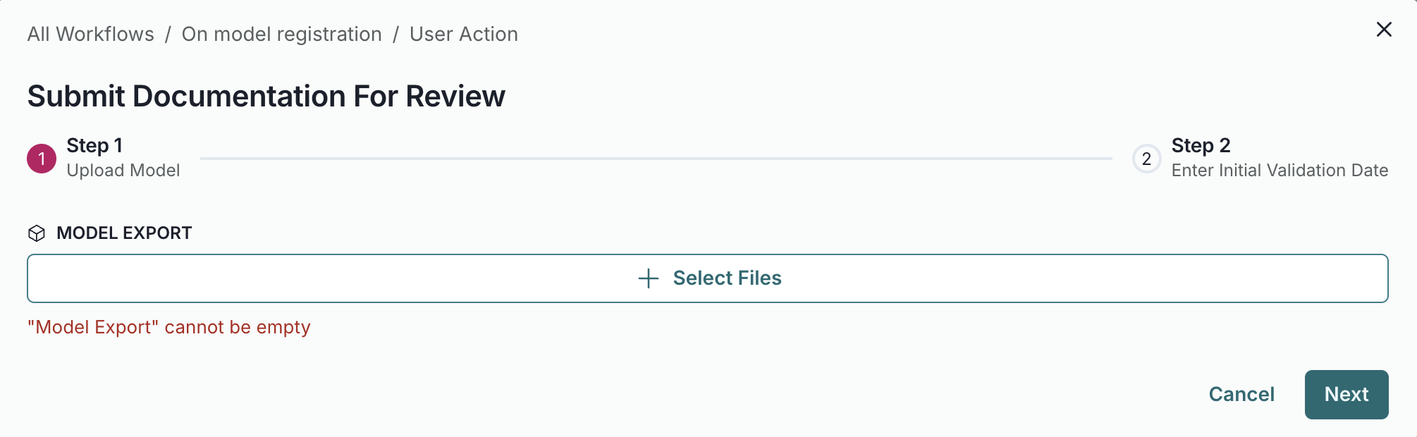 A screenshot showing an example User Action submission panel requesting upload of a model export