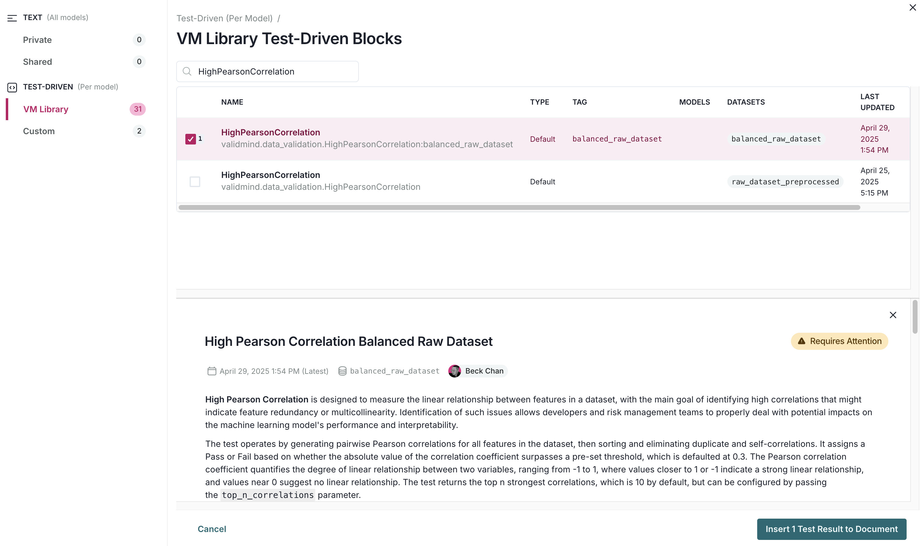 Screenshot showing the HighPearsonCorrelation test selected