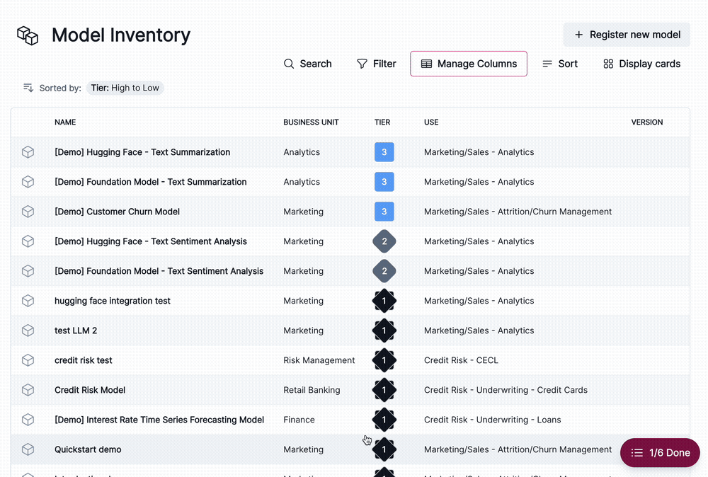 An animation that shows how to manage columns in the model inventory.