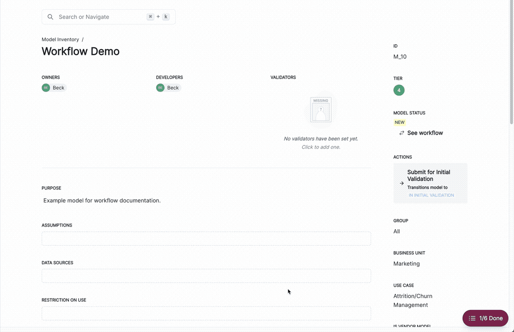 A gif showing transitioning a workflow status under the Actions section.