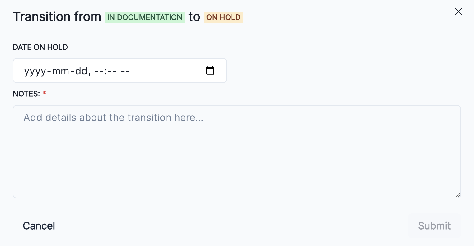 A screenshot showing the action transition panel with the Date On Hold custom field.
