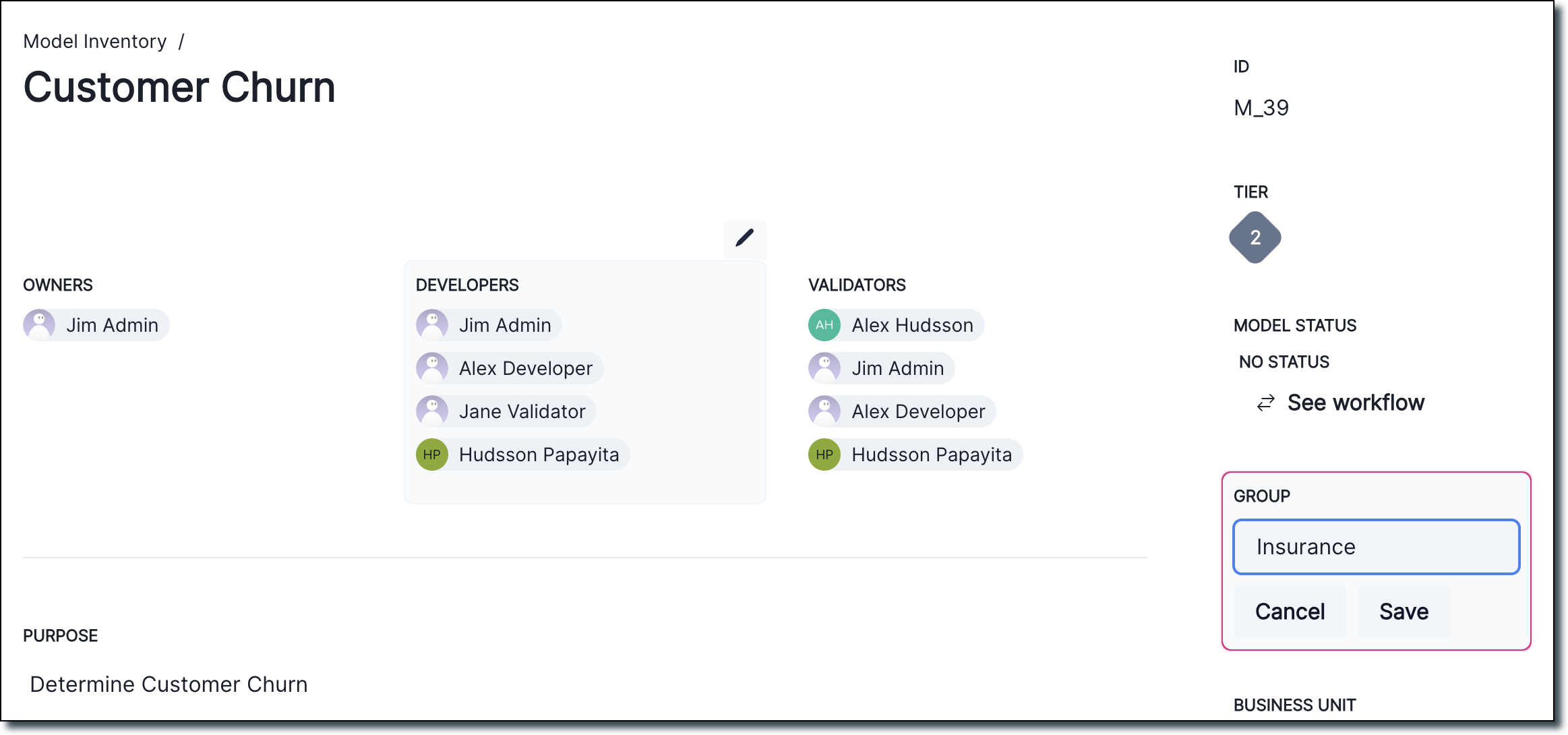 A screenshot showing how you can modify the group an inventory model belongs to.