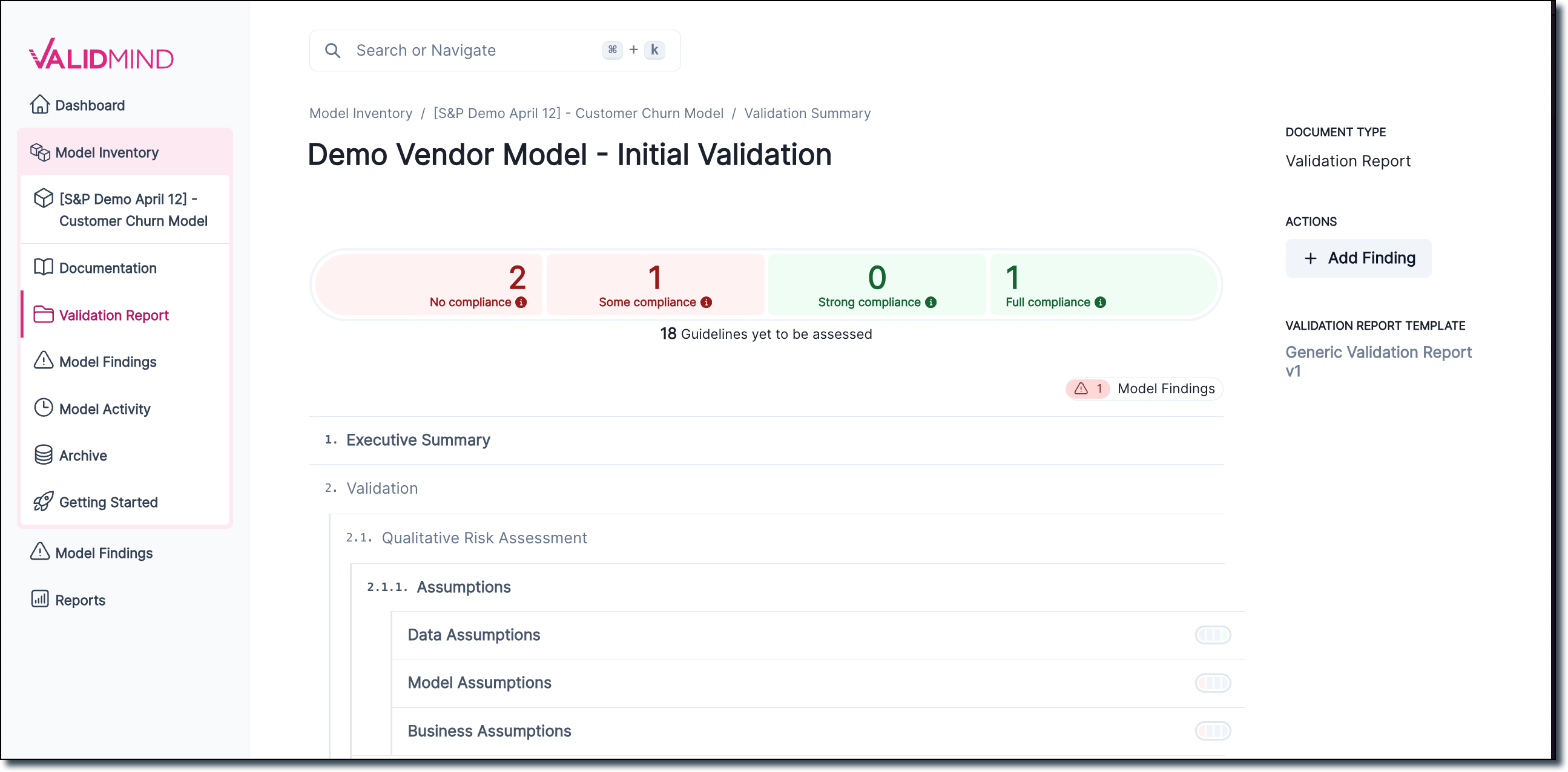 A screenshot showing the section-by-section outline of the validation report, along with a total compliance summary.